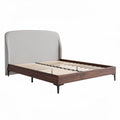 Cama de casal com cabeceira estofada em tecido cinza e estrutura de madeira 200 x 160 x 100cm