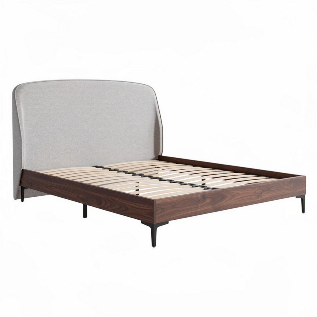 Cama de casal com cabeceira estofada em tecido cinza e estrutura de madeira 200 x 160 x 100cm