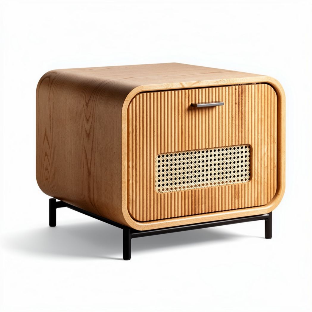 Mesa lateral em madeira de freixo com detalhe em rattan 40 x 40 x 30cm
